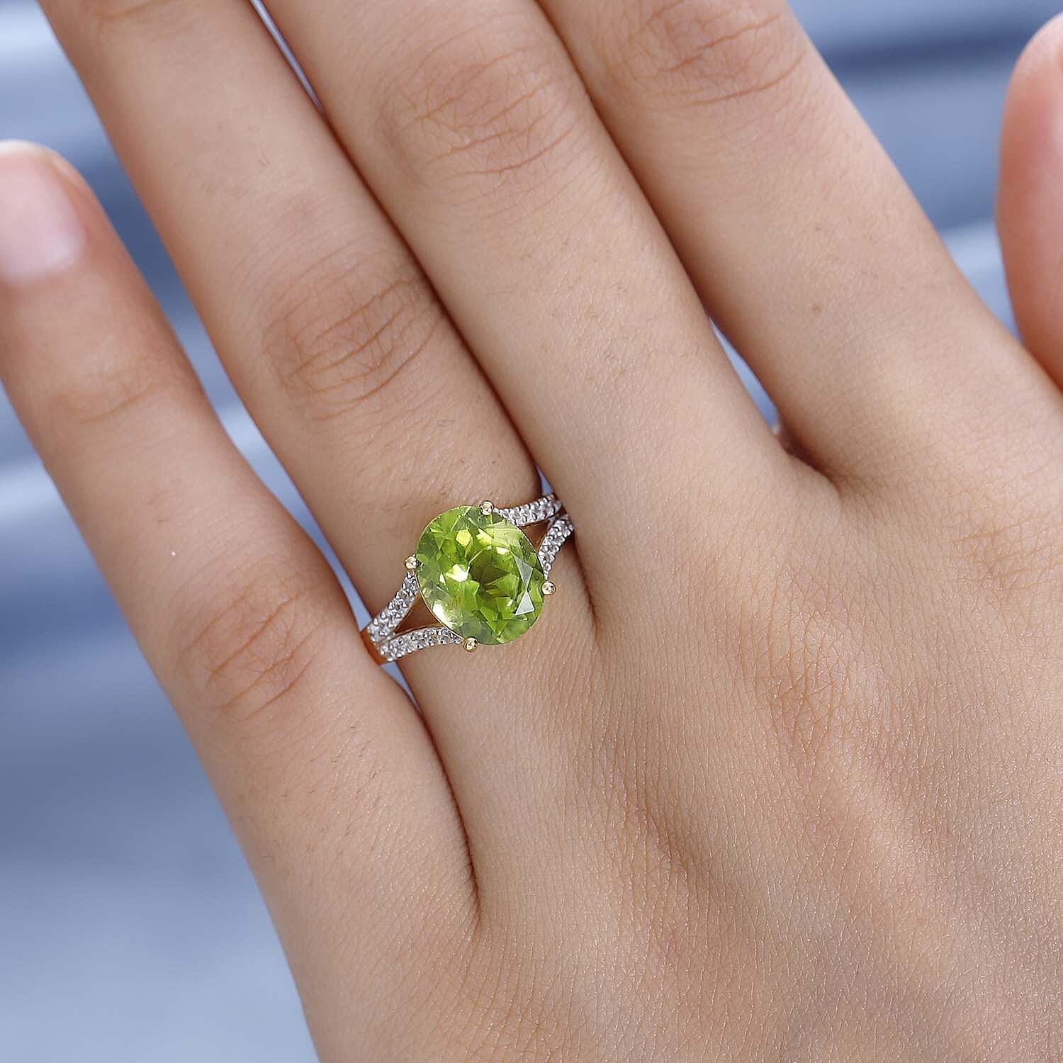 Hebei Peridot and Natural Zircon Stone Ring in 18K Vermeil Yellow Gold Plated Sterling Silver 3.70 Ct.