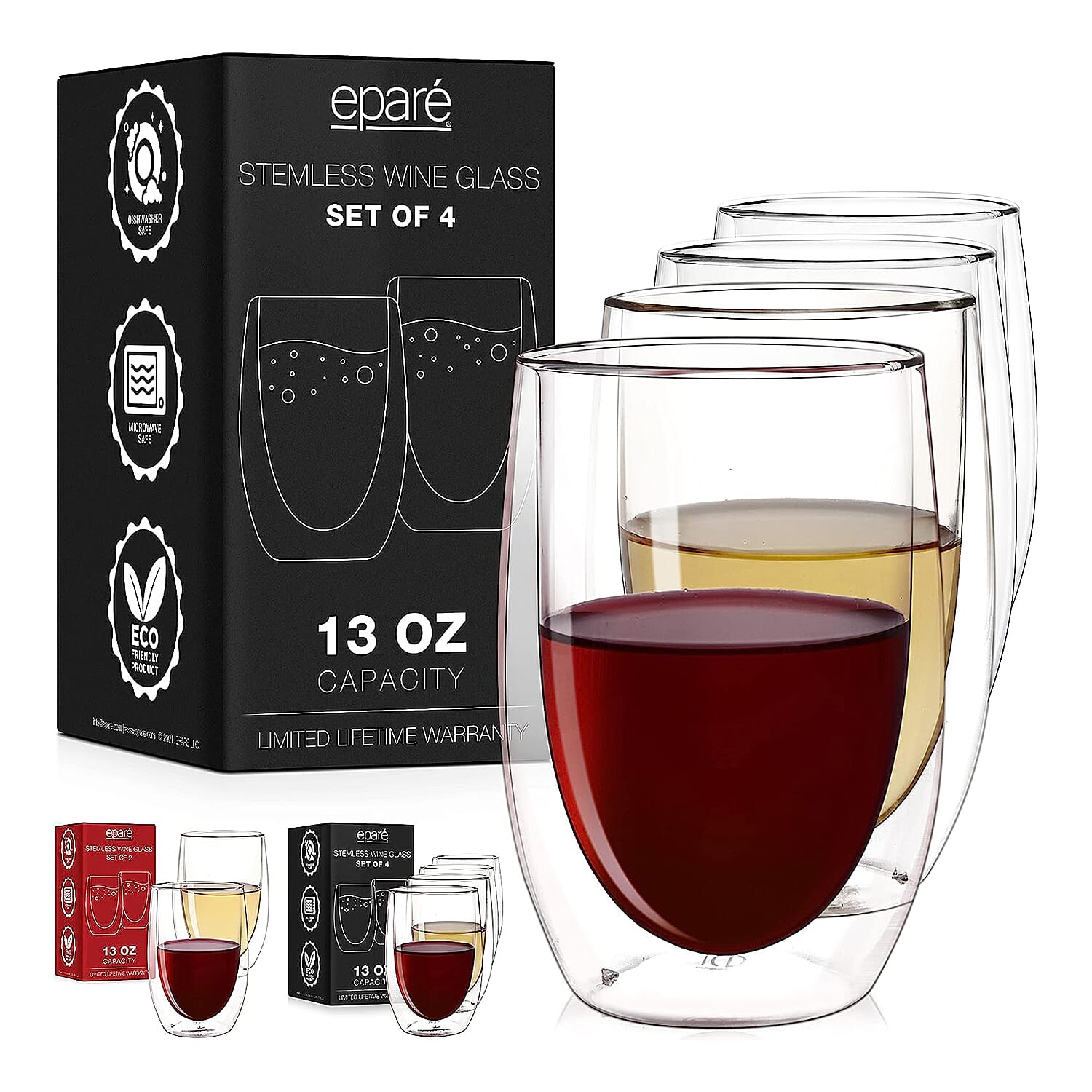 Closeout Set of 4 - Epare Double Wall Stemless Wine Glasses 13oz