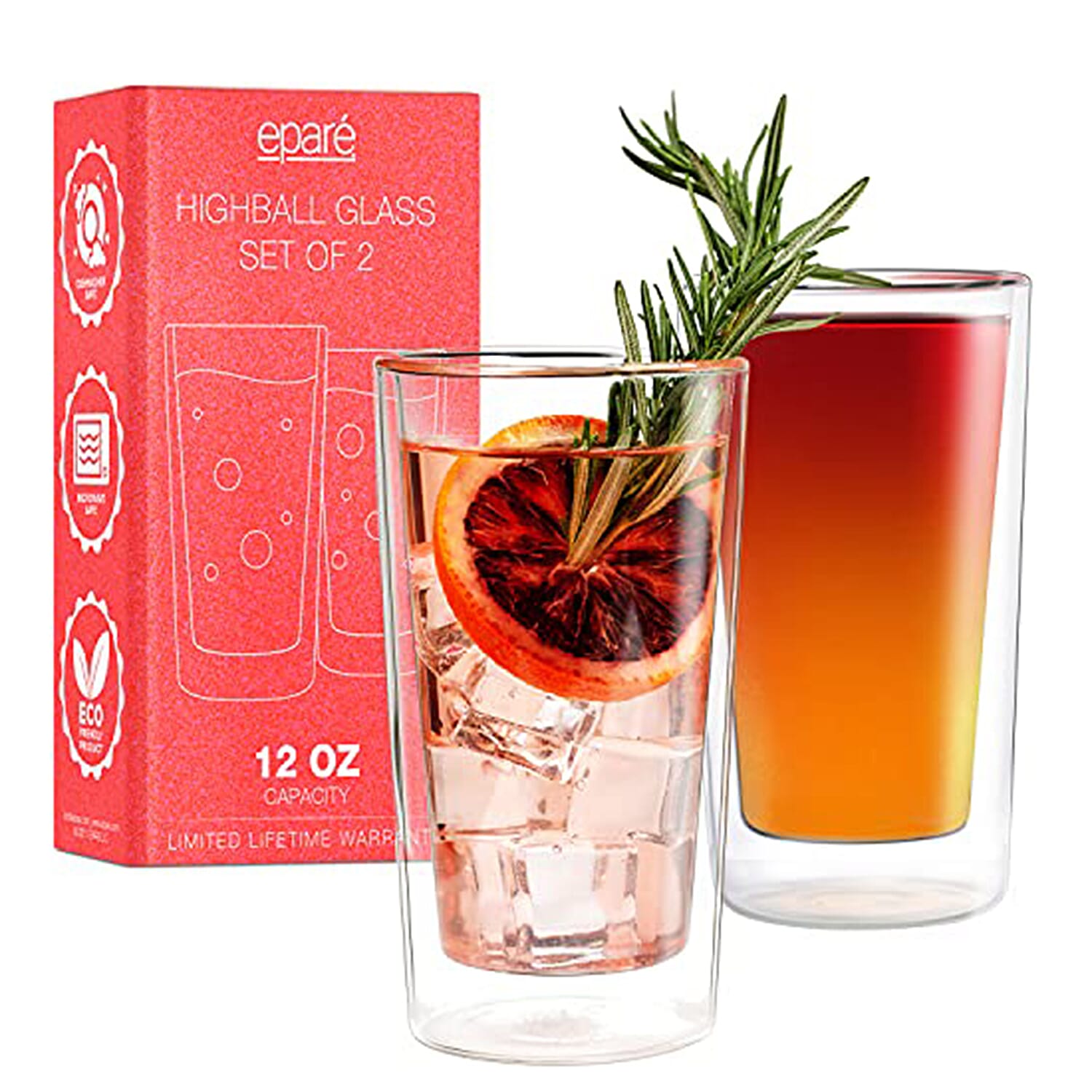 Closeout Set of 2 - Epare Multipurpose Double Wall Highball Glasses 10oz