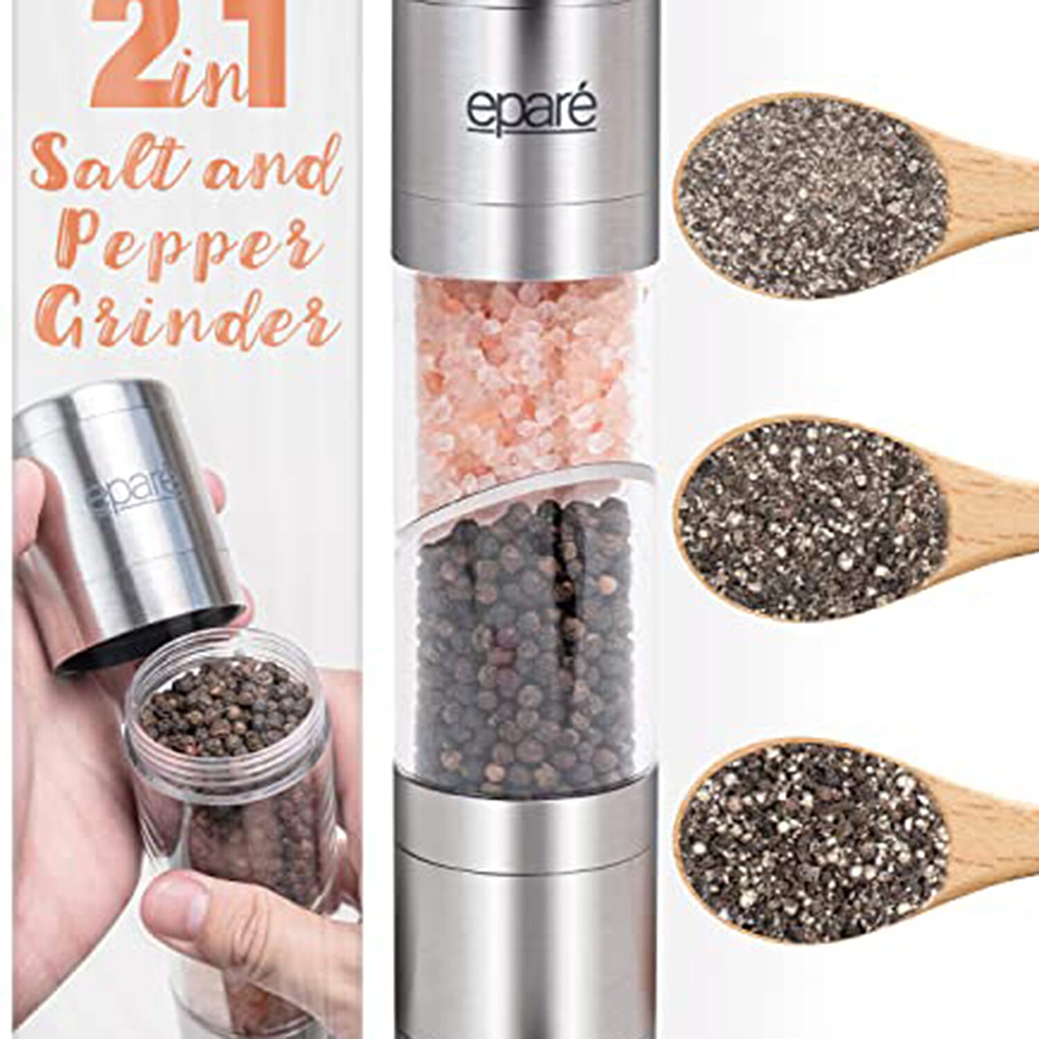 Epare Stainless Steel Refillable Salt & Pepper Grinder (Size 22x5 cm) - Silver