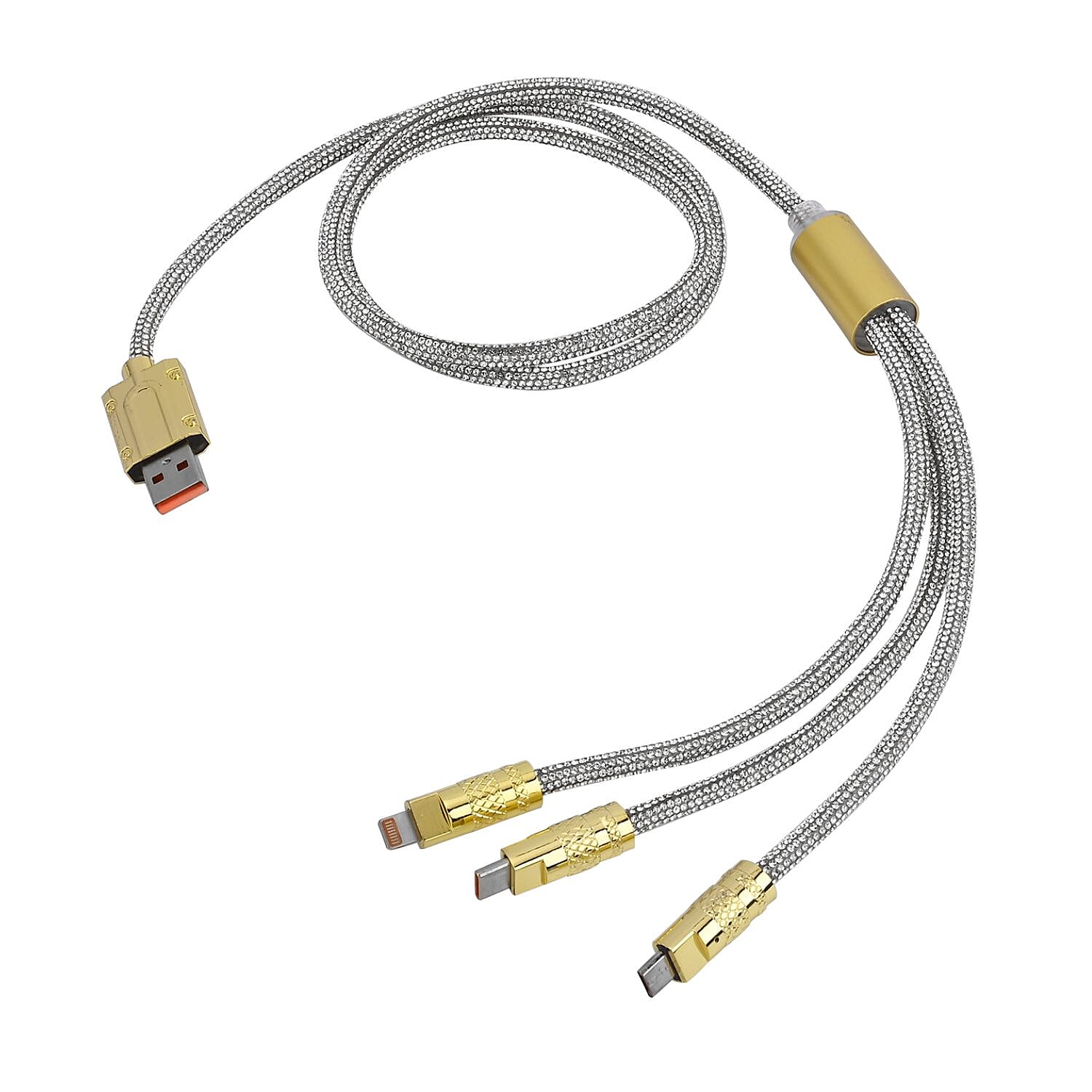 3-in-1 Crystal Charging Cable with Strap Holder (Size - 1M Length x 0.5CM Dia) - Silver & Gold