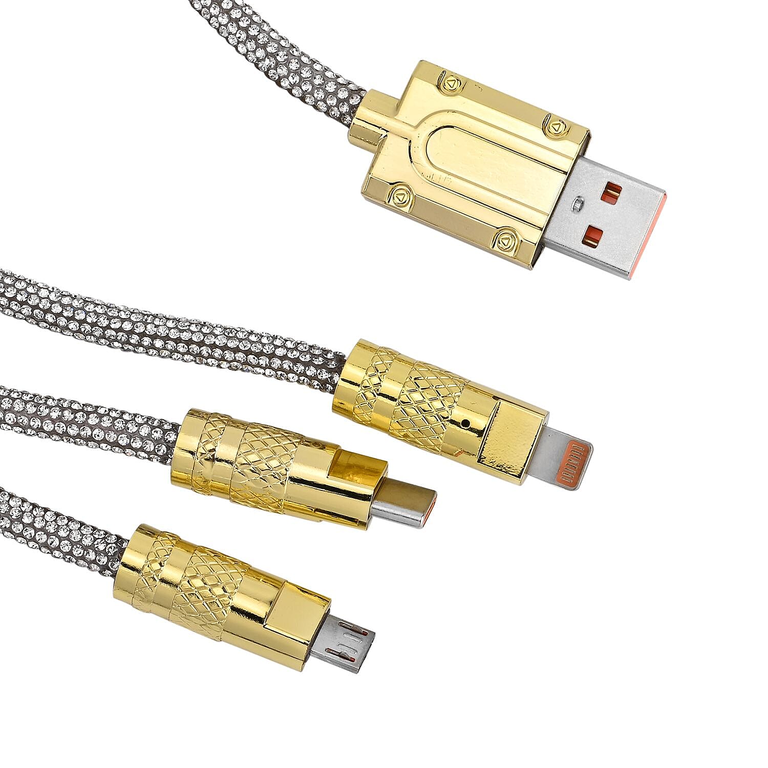 3-in-1 Crystal Charging Cable with Strap Holder (Size - 1M Length x 0.5CM Dia) - Silver & Gold