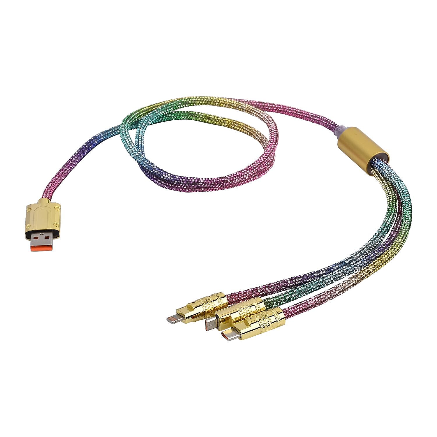 3-IN-1 Crystal Embellished USB Charging Cable (Size - 1m Length) - Multi - Gold