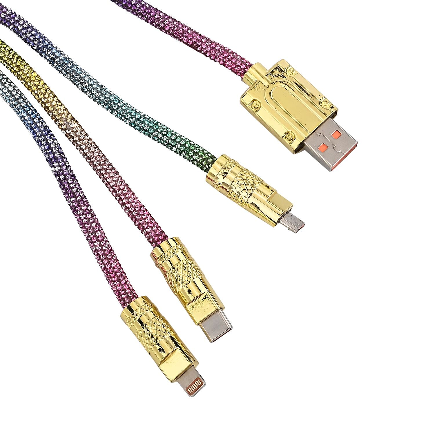 3-IN-1 Crystal Embellished USB Charging Cable (Size - 1m Length) - Multi - Gold