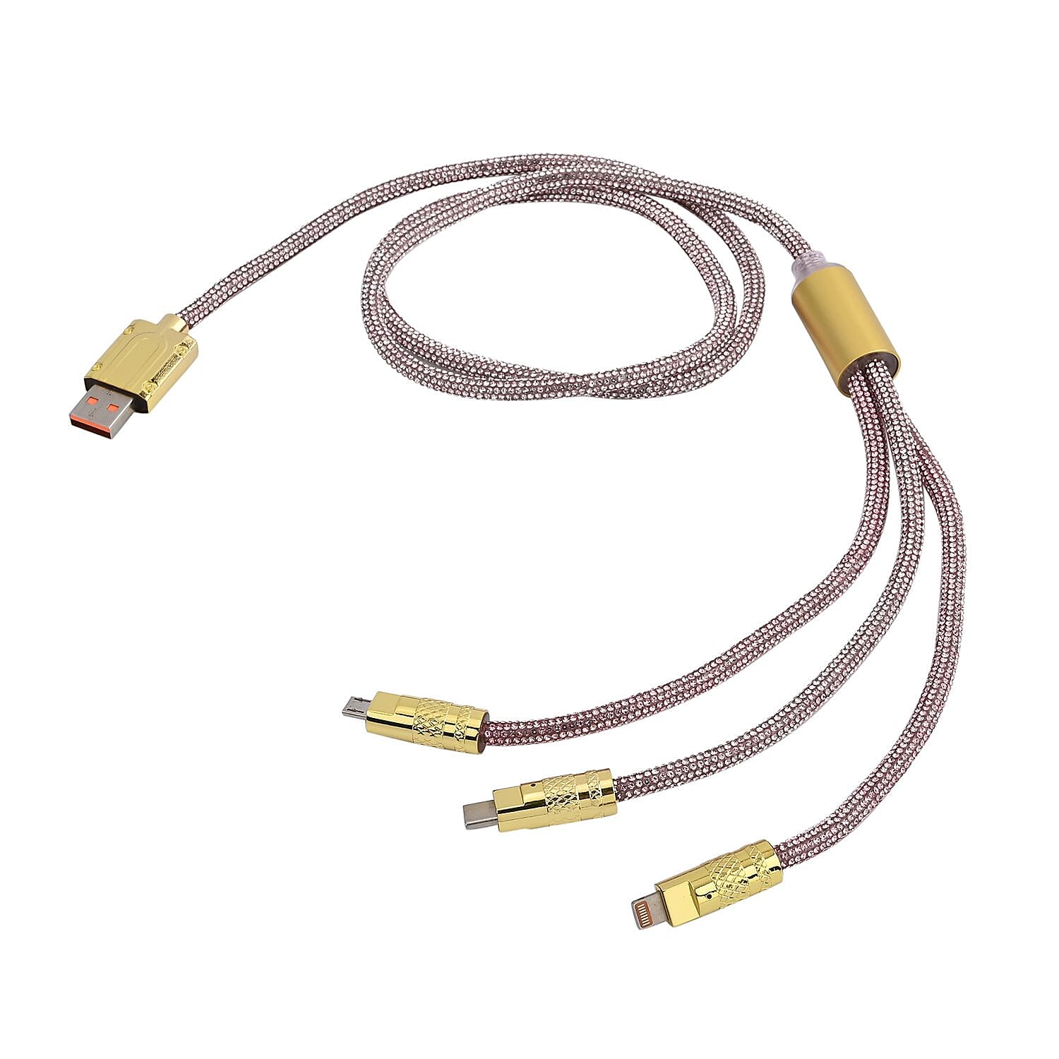 3-IN-1 Crystal Embellished USB Charging Cable (Size - 1m Length) - Pink