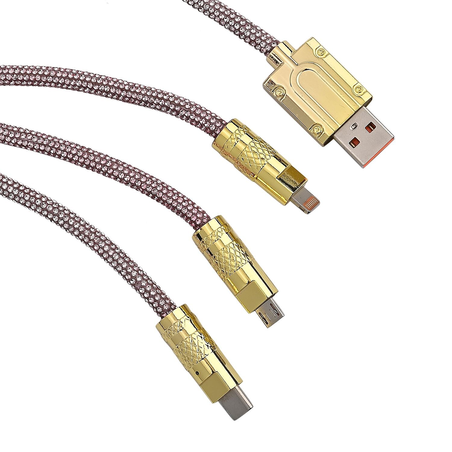 3-IN-1 Crystal Embellished USB Charging Cable (Size - 1m Length) - Pink
