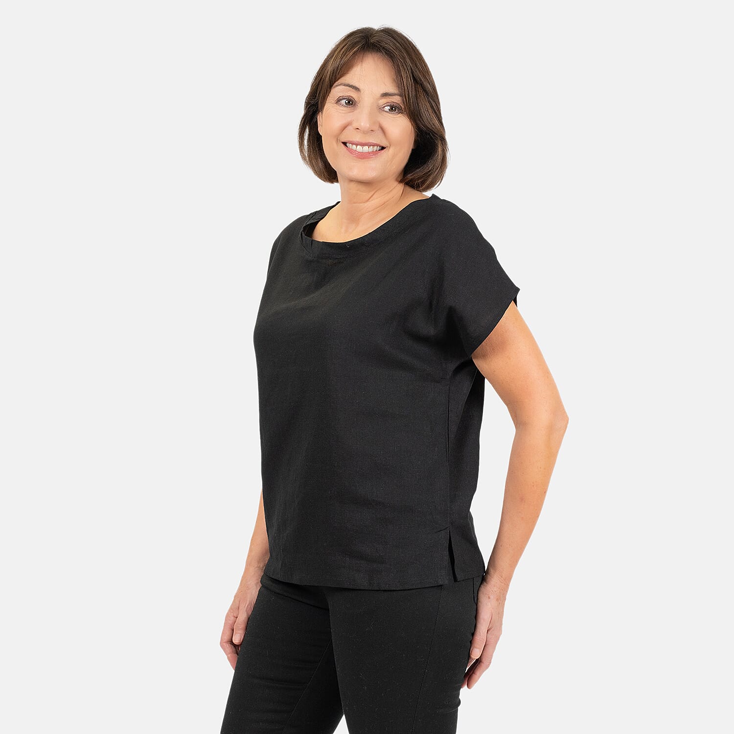 Ladies Crew Neck Linen Top (Size 12) - Black