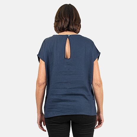 Ladies Crew Neck Linen Top (Size 12) - Navy