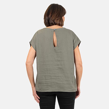 Ladies Crew Neck Linen Top (Size 12)  - Khaki