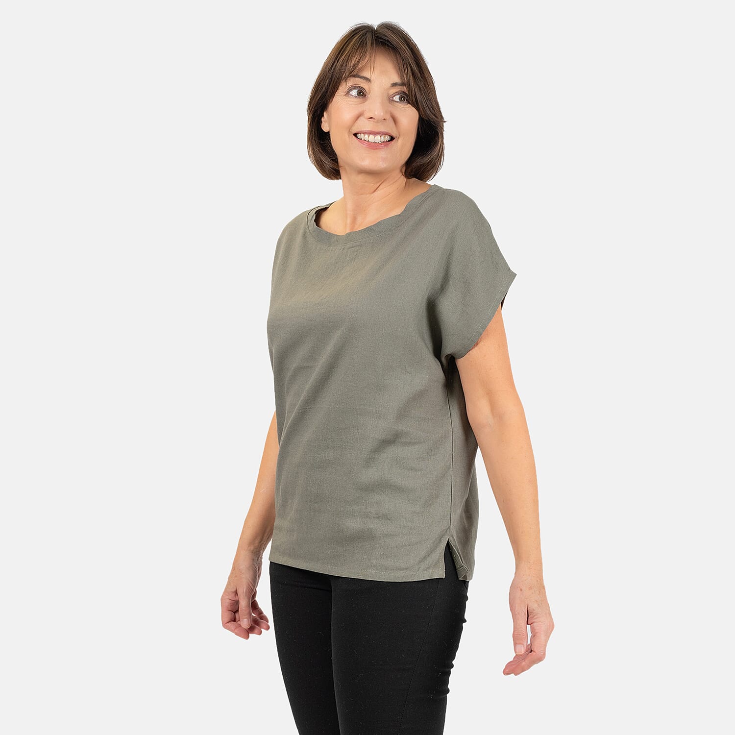 Ladies Crew Neck Linen Top (Size 10)  - Khaki