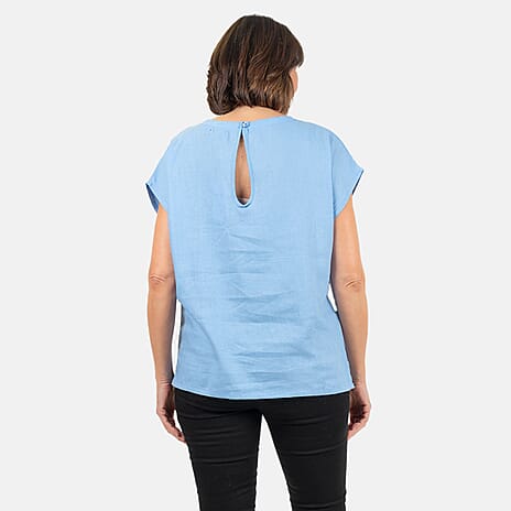 Ladies Crew Neck Linen Top (Size 12) - Pale Blue