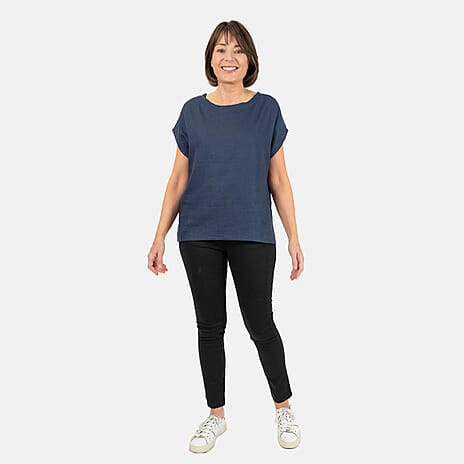 Ladies Crew Neck Linen Top (Size 10) - Navy