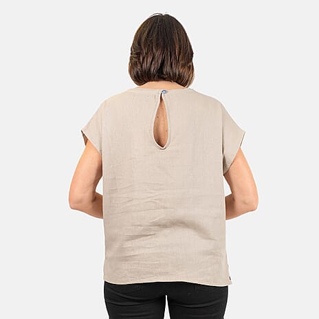 Ladies Crew Neck Linen Top (Size 14) - Stone