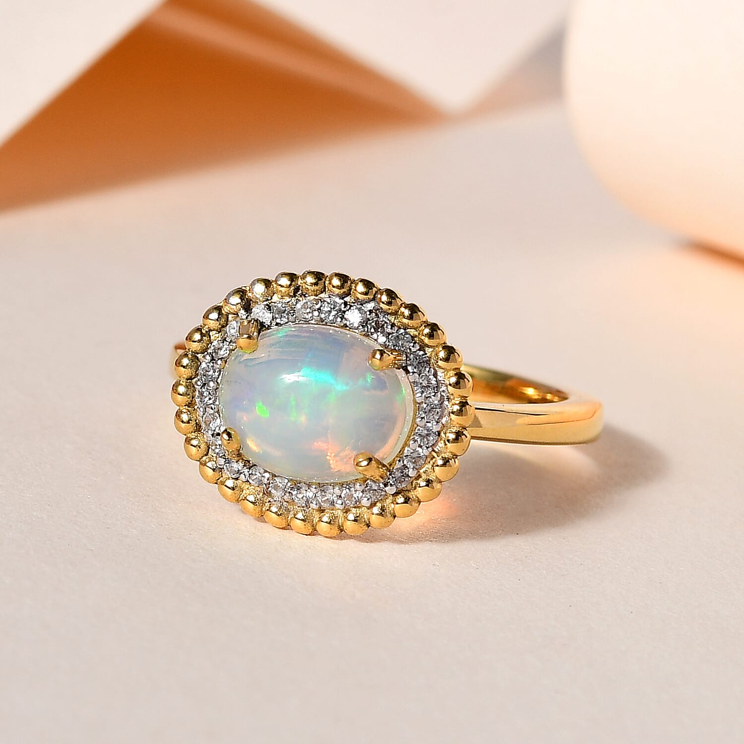 Ethiopian Welo Opal & Natural Zircon Ring in 18K Yellow Gold Vermeil Plated Sterling Silver 1.27 Ct.