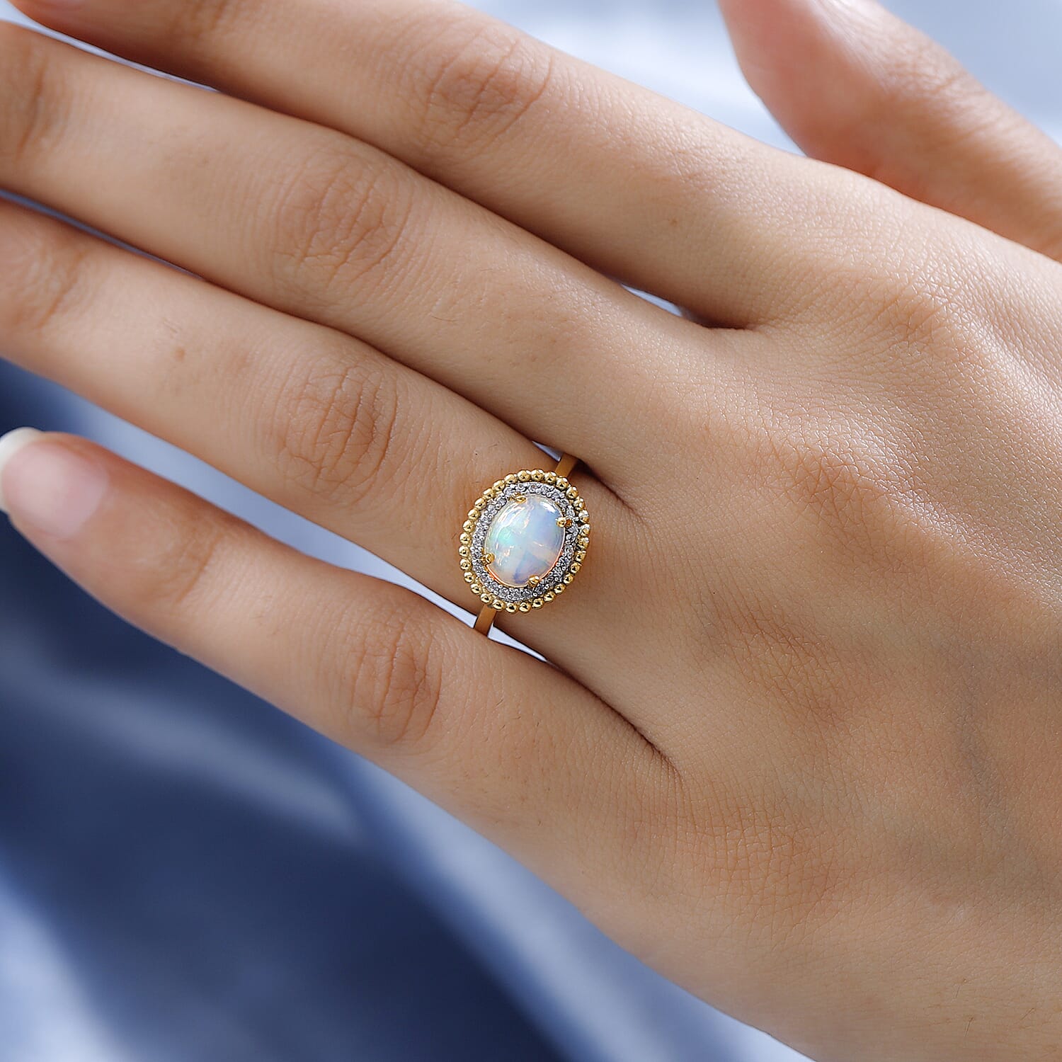 Ethiopian Welo Opal & Natural Zircon Ring in 18K Yellow Gold Vermeil Plated Sterling Silver 1.27 Ct.