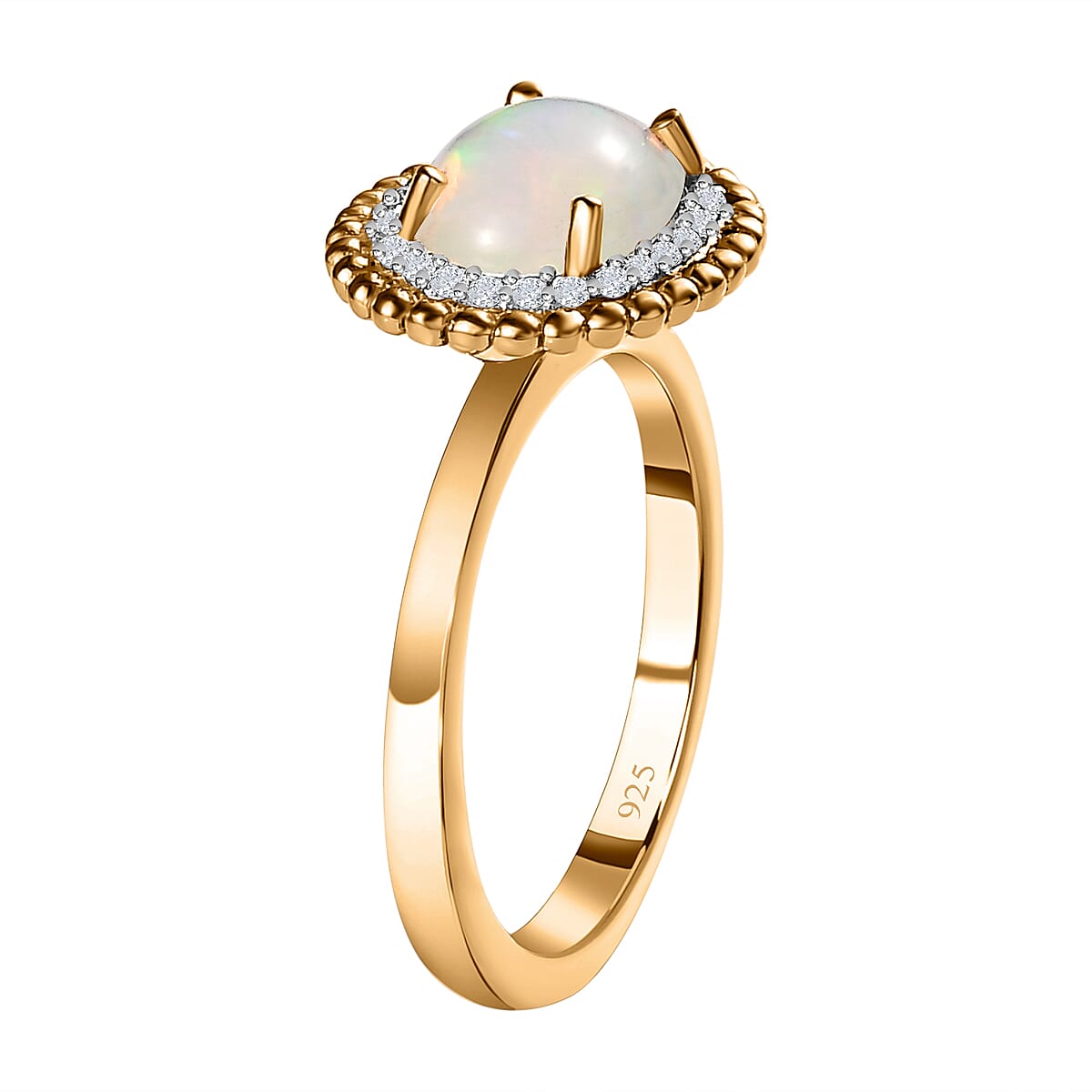 Ethiopian Welo Opal & Natural Zircon Ring in 18K Yellow Gold Vermeil Plated Sterling Silver 1.27 Ct.