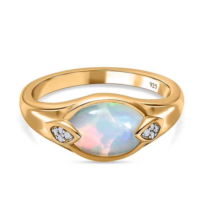 Ethiopian Welo Opal and Natural Zircon Ring in 18K Yellow Gold Vermeil Plated Sterling Silver