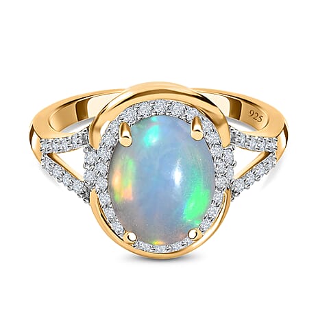 Ethiopian Welo Opal & Natural Zircon Ring in 18K Yellow Gold Vermeil Plated Sterling Silver 2.06 Ct.