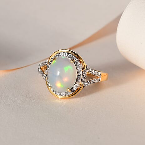 Ethiopian Welo Opal & Natural Zircon Ring in 18K Yellow Gold Vermeil Plated Sterling Silver 2.06 Ct.