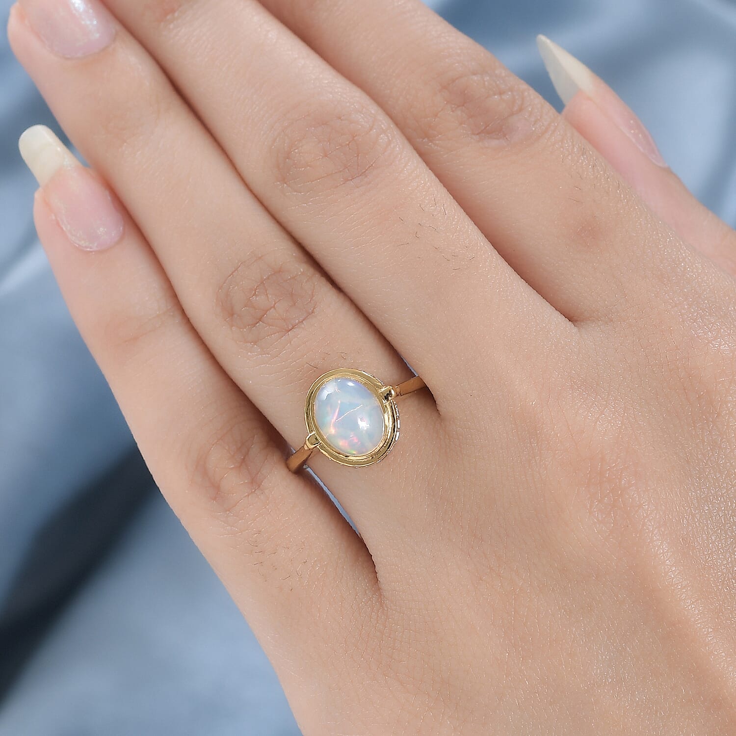 Ethiopian Welo Opal & Natural Zircon Ring in 18K Yellow Gold Vermeil Plated Sterling Silver 1.39 Ct.