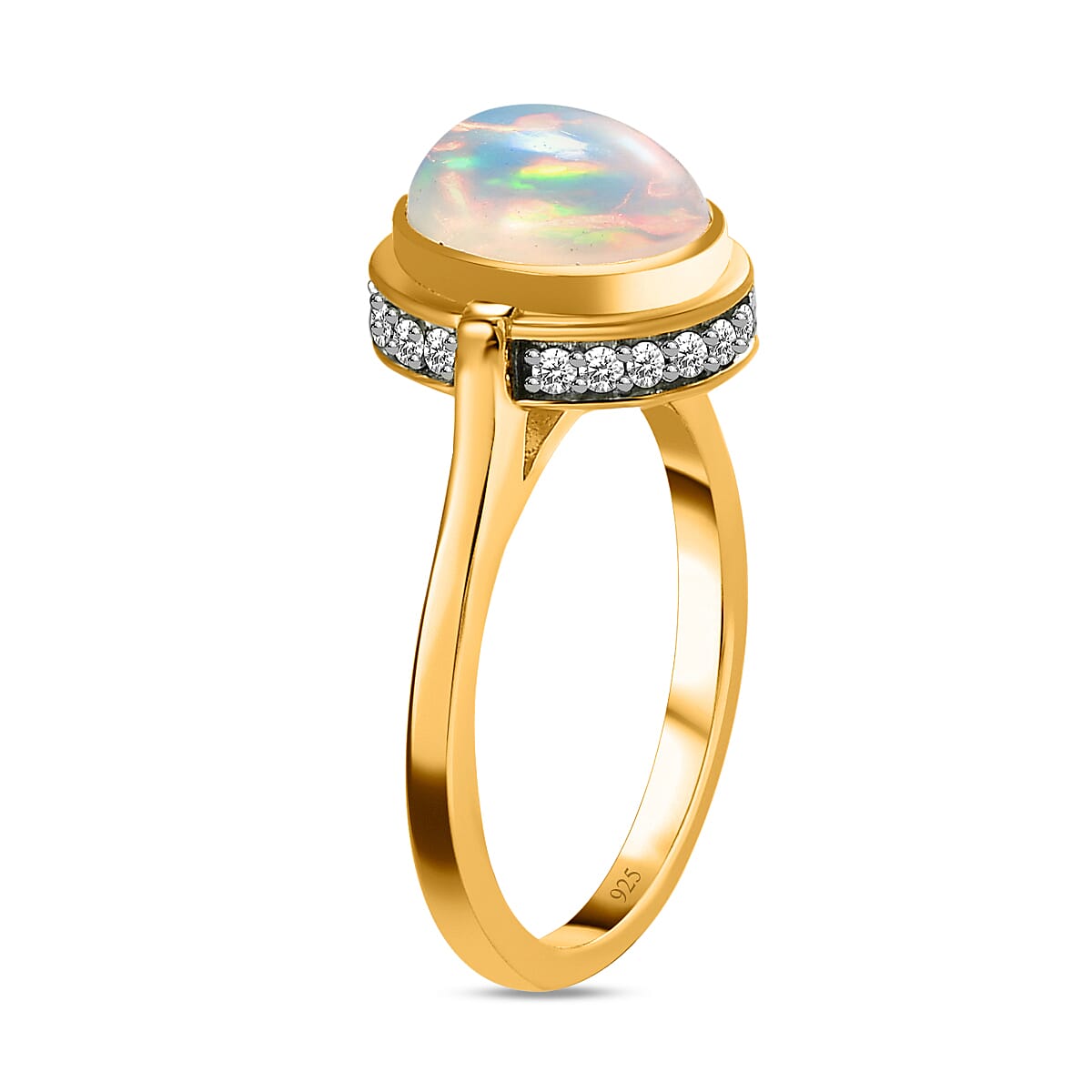 Ethiopian Welo Opal & Natural Zircon Ring in 18K Yellow Gold Vermeil Plated Sterling Silver 1.39 Ct.