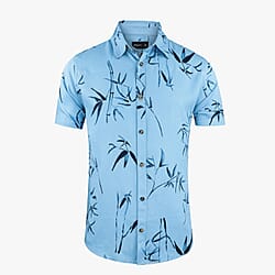 Leaf Print Half Sleeves Mens Shirt (Size L) - Pale Blue