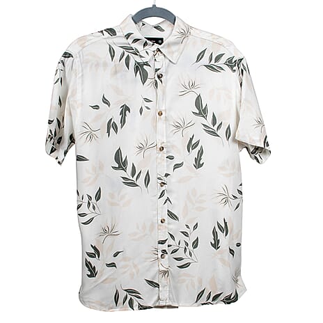 Leaf Print Half Sleeves Mens Shirt (Size S) - White