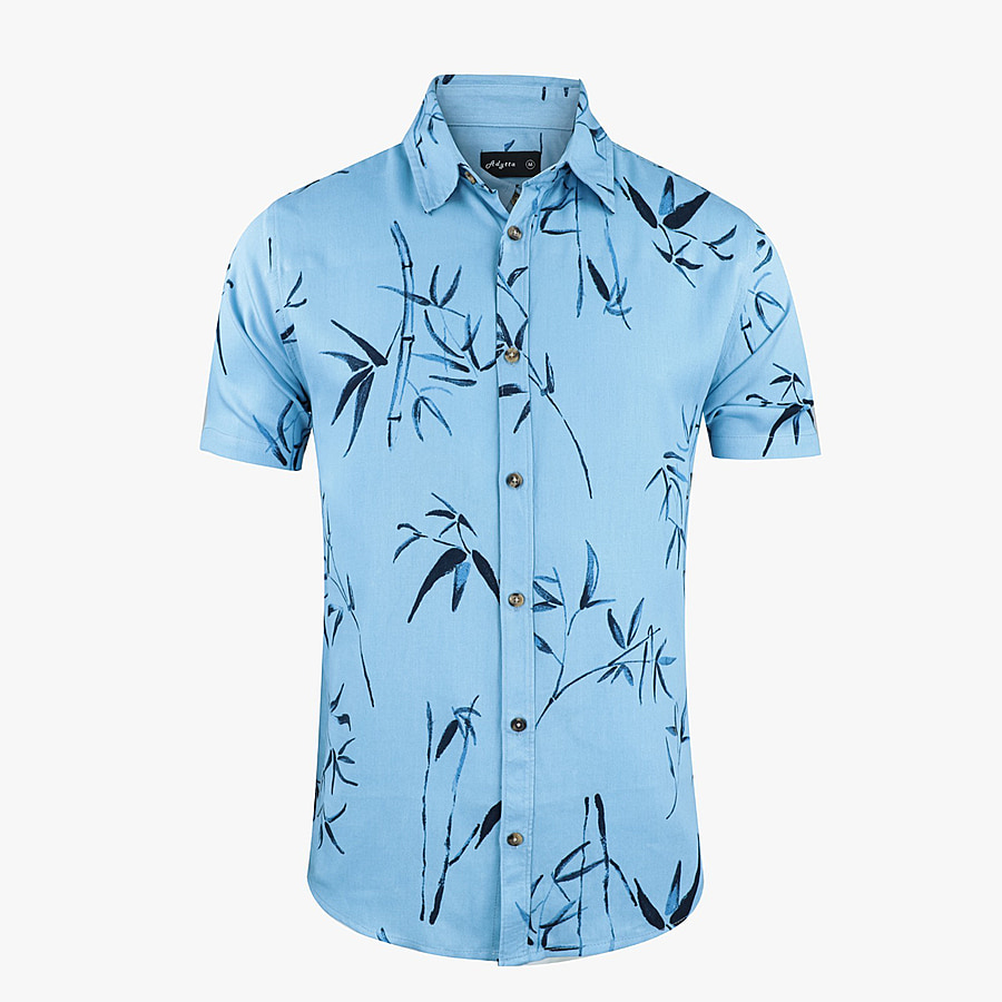 Leaf Print Half Sleeves Mens Shirt (Size S) - Pale Blue