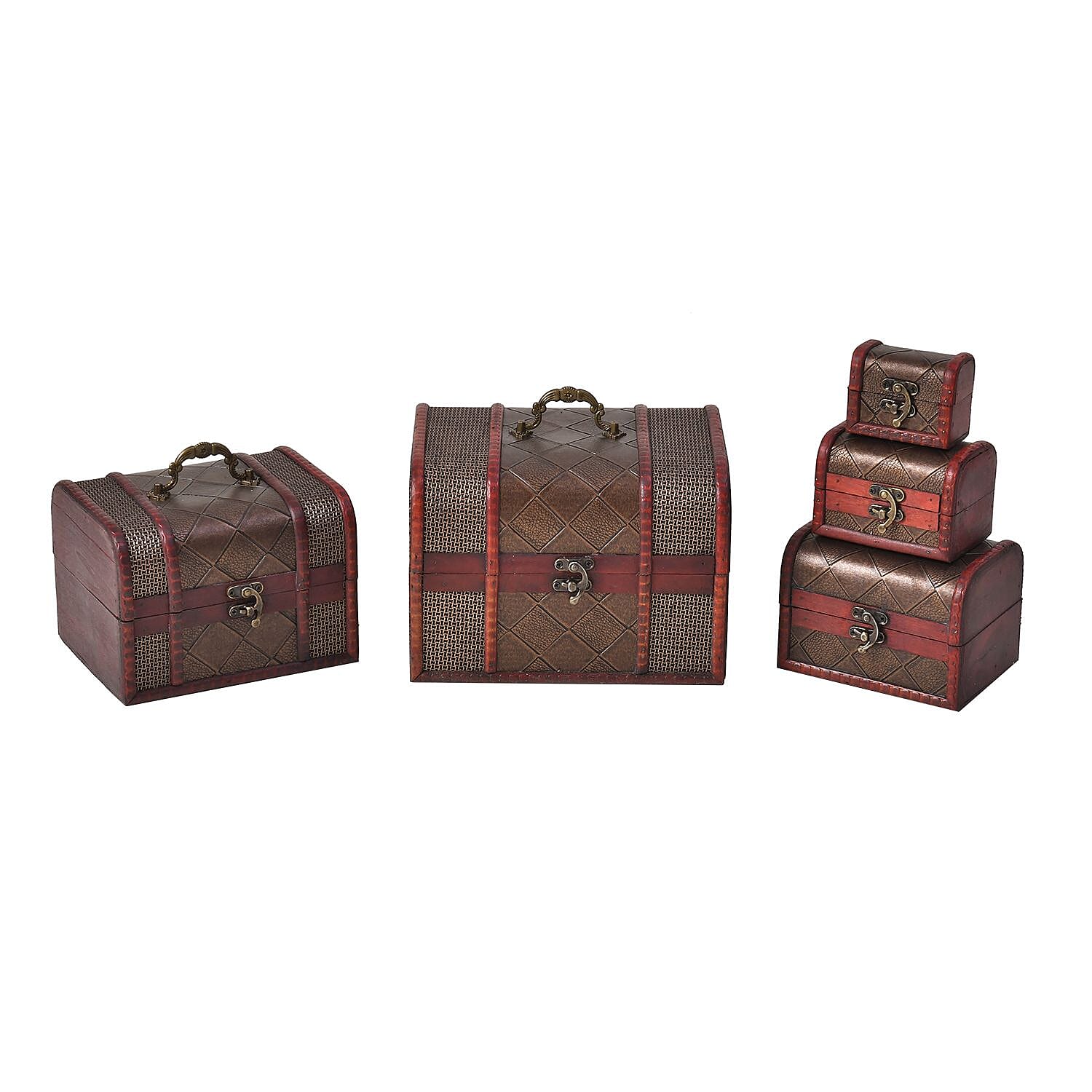 Set of 5 Embossed Diamond Pattern Mixing Exquisite Jewellery Box With Antique Latch Closure & Handle (For Large Boxes) - Brown