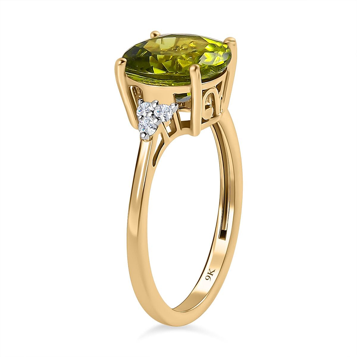 9K Yellow Gold Hebei Peridot and Moissanite Ring 3.16 Ct