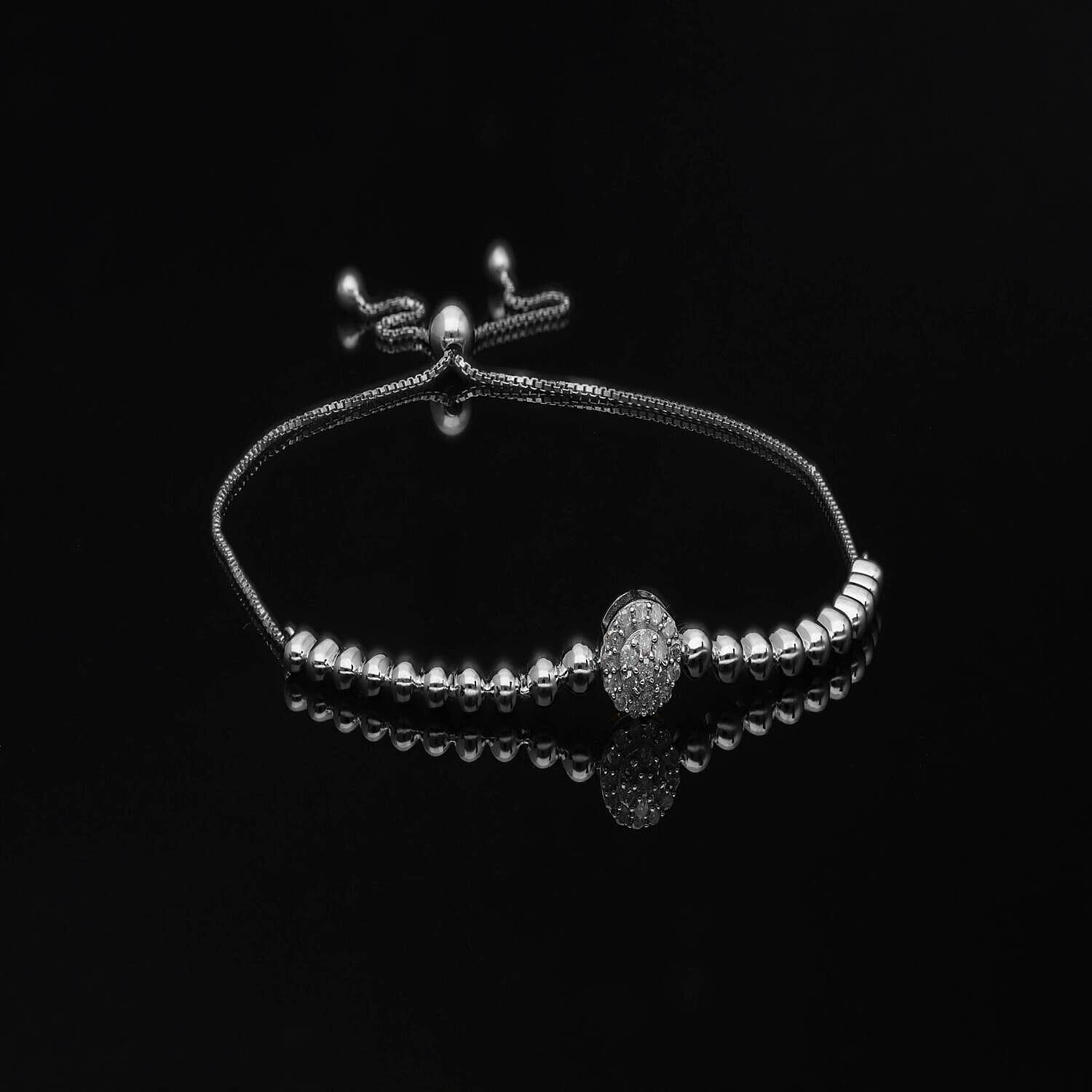 White Diamond Bracelet (Size - 6.5 To 9.5) Adjustable in Platinum Overlay Sterling Silver 0.24 Ct.
