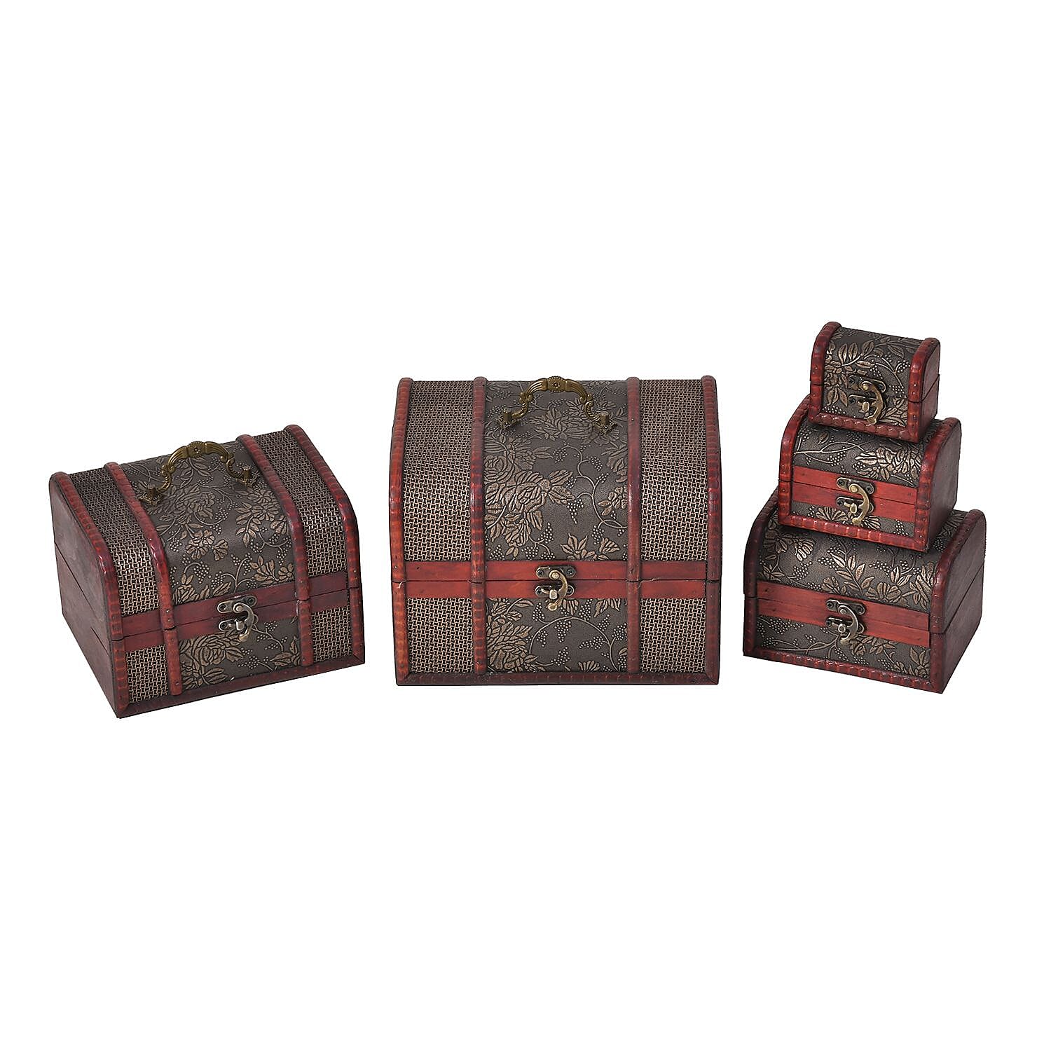 Set of 5 Embossed Floral Pattern Wooden Chest Boxes - Bronze