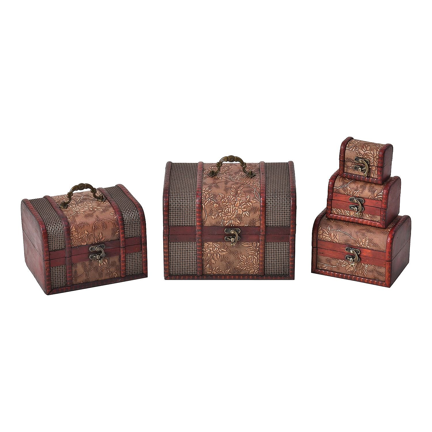 Set of 5 Embossed Floral Pattern Wooden Chest Boxes - Beige