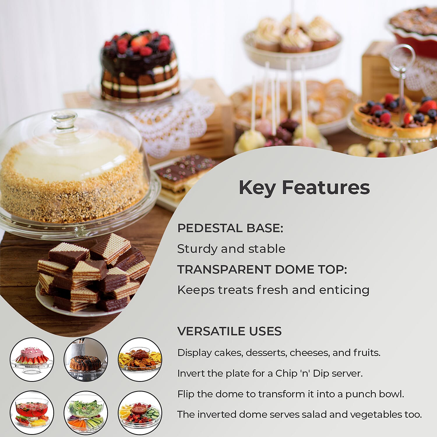 Multifunction Cake Stand With Pedestral Base & Transparent Dome Top (Size 31x31x16 cm)