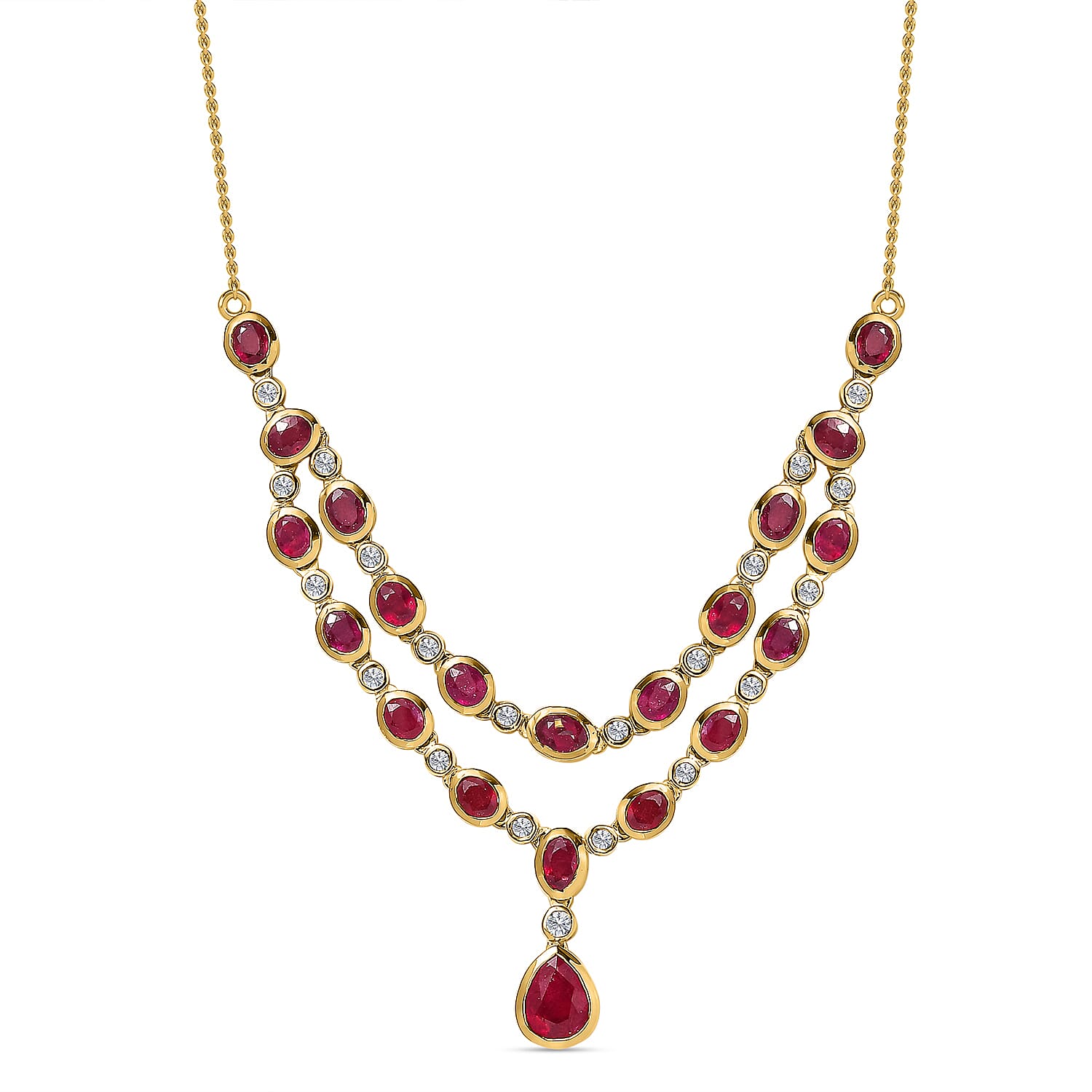 African Ruby & Natural Zircon Necklace (Size - 20) in 18K Yellow Gold Vermeil Plated Sterling Silver 13.20 Ct