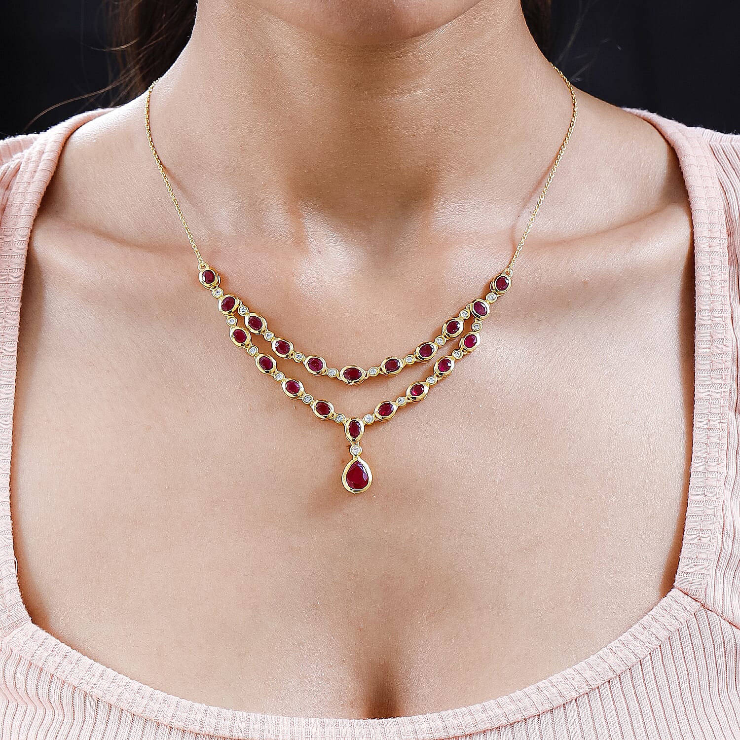 African Ruby & Natural Zircon Necklace (Size - 20) in 18K Yellow Gold Vermeil Plated Sterling Silver 13.20 Ct