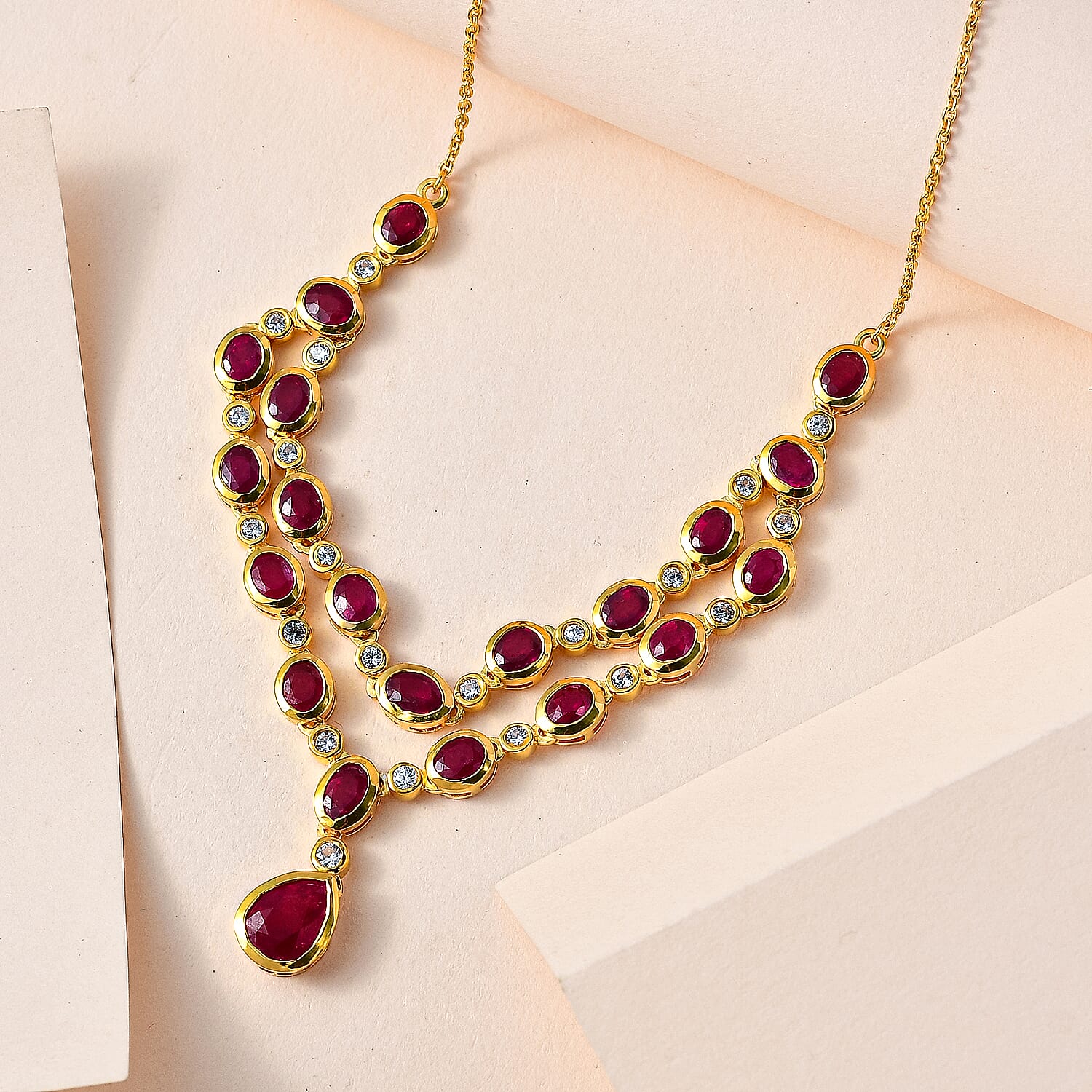 African Ruby & Natural Zircon Necklace (Size - 20) in 18K Yellow Gold Vermeil Plated Sterling Silver 13.20 Ct