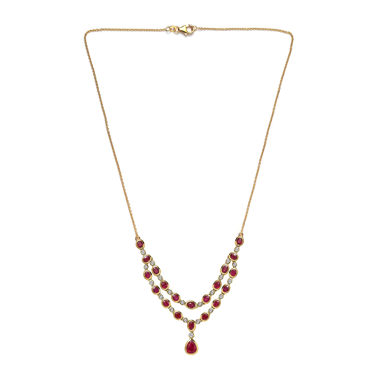 African Ruby & Natural Zircon Necklace (Size - 20) in 18K Yellow Gold Vermeil Plated Sterling Silver 13.20 Ct