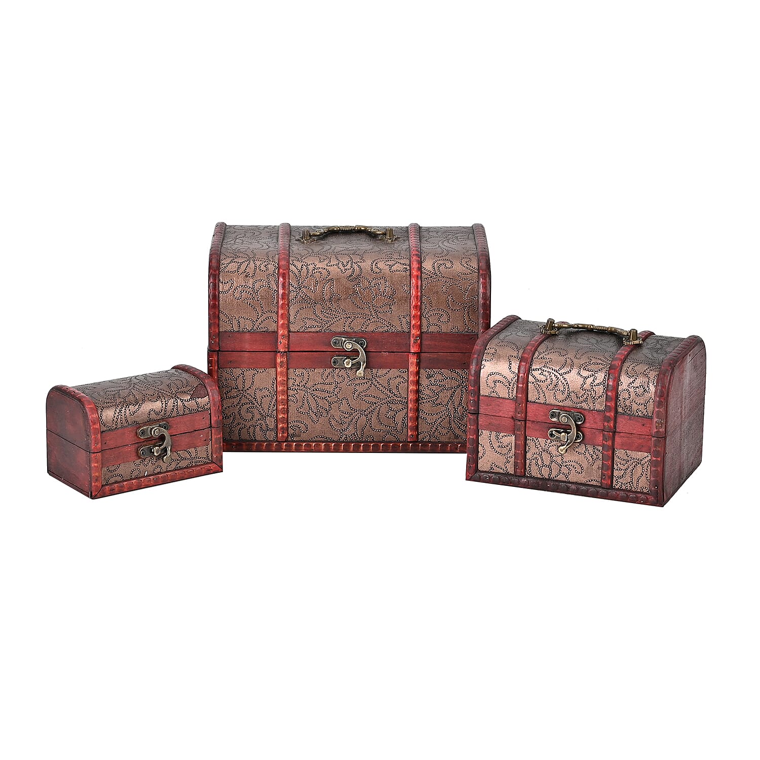 Set of 3 Floral Pattern Wooden Chest Boxes - Brown