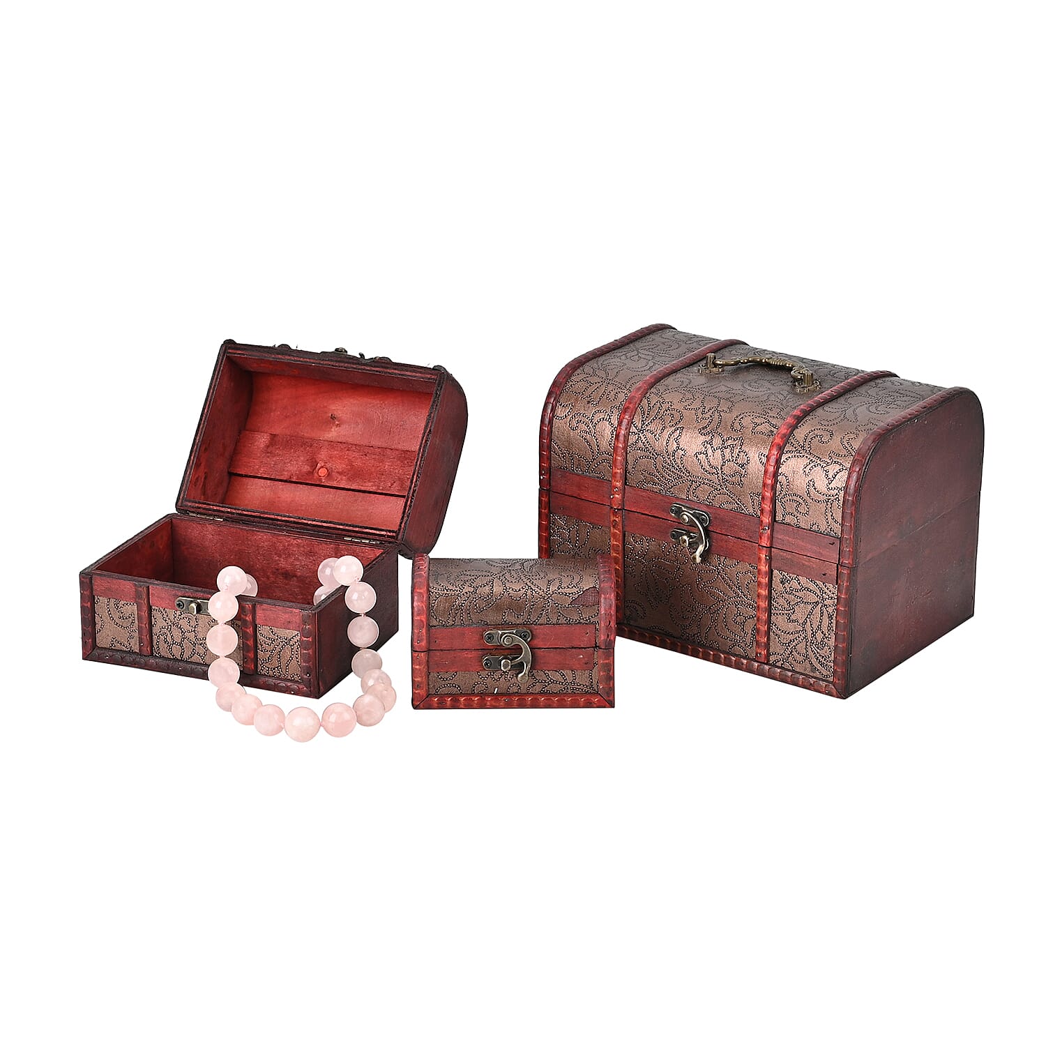 Set of 3 Floral Pattern Wooden Chest Boxes - Brown