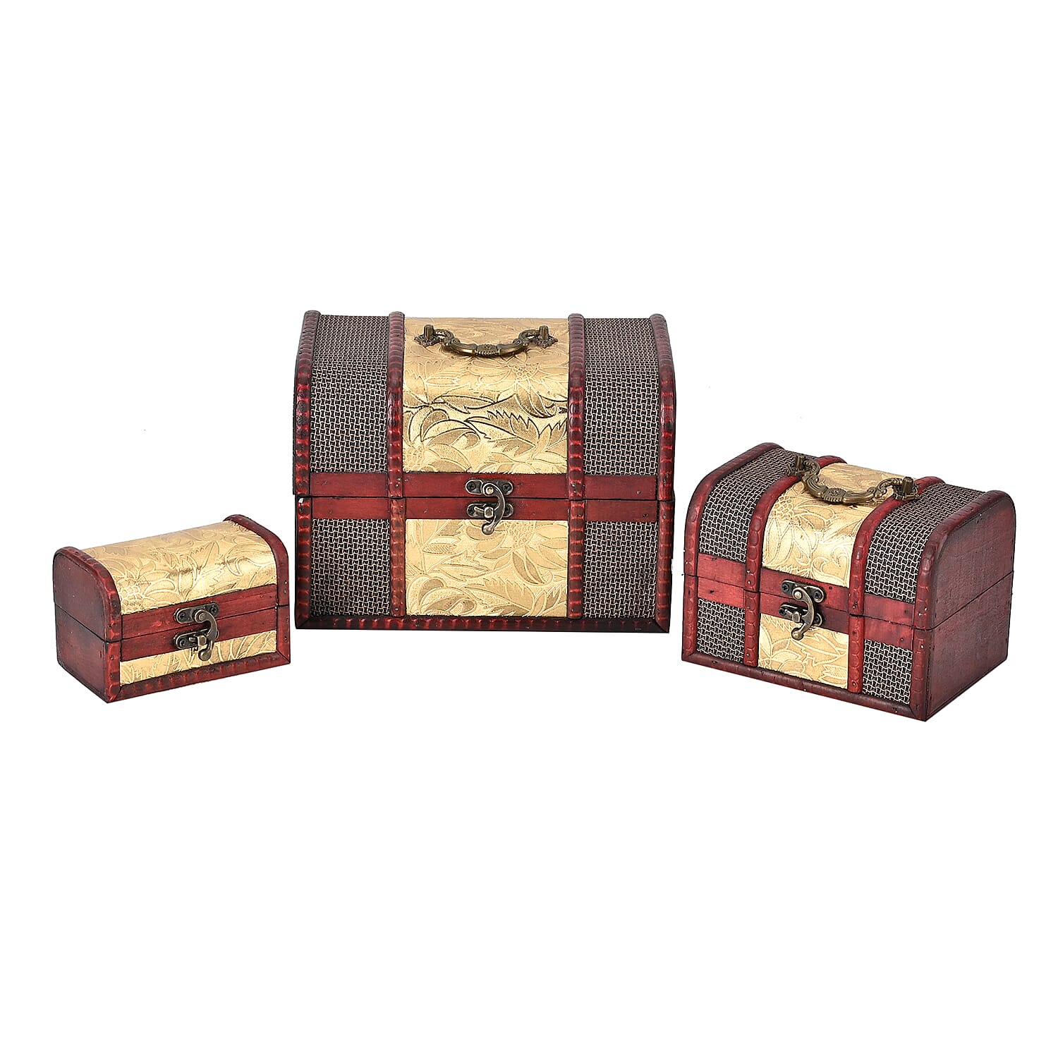 Set of 3 Floral Pattern Wooden Chest Boxes - Golden