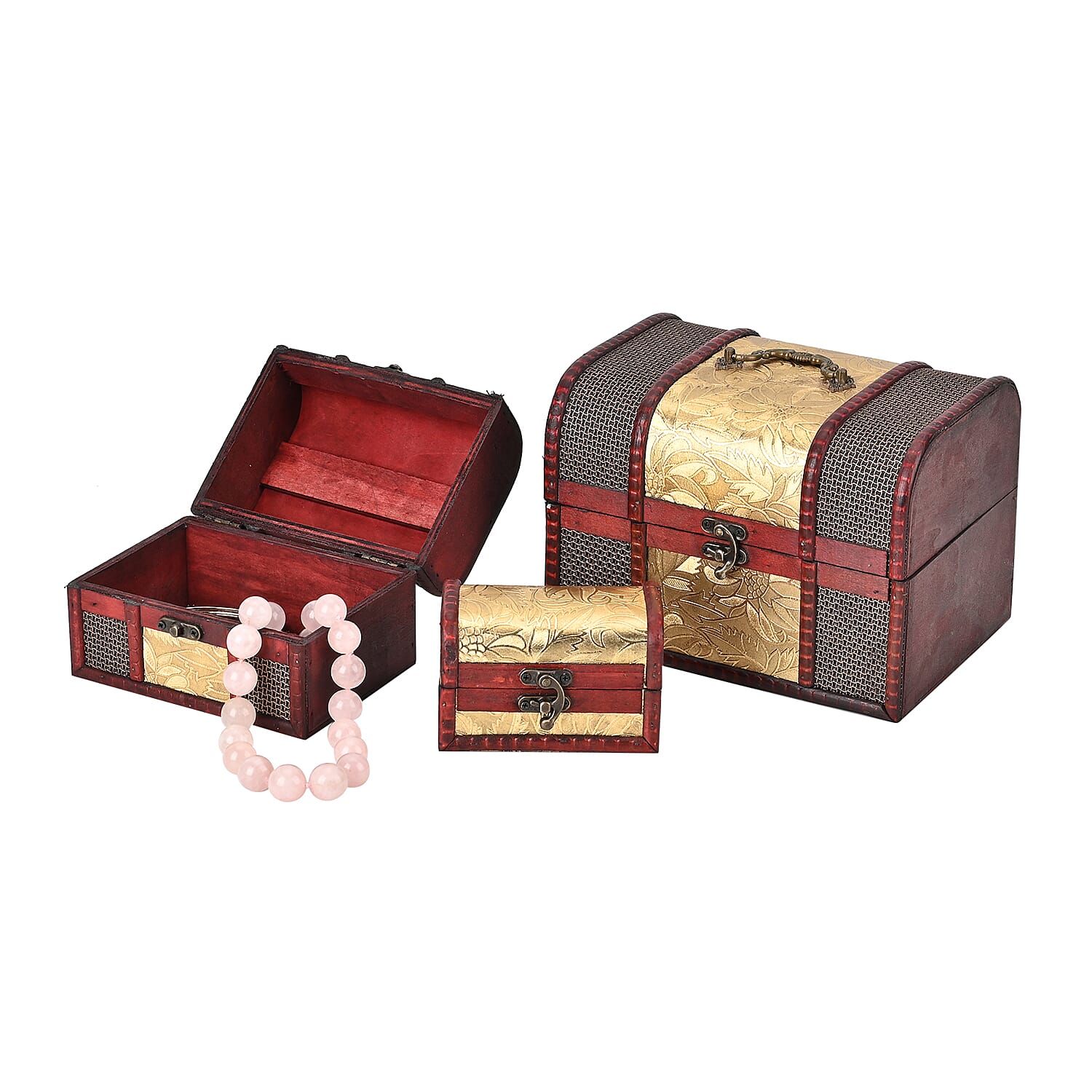 Set of 3 Floral Pattern Wooden Chest Boxes - Golden