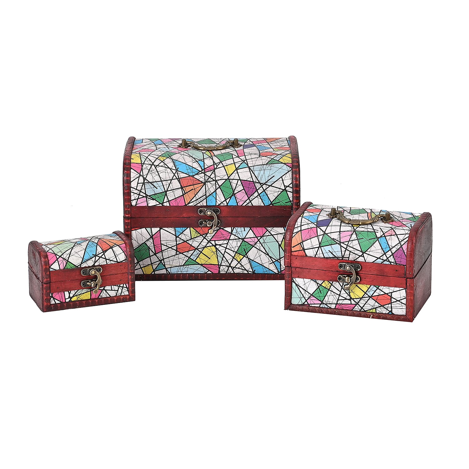 Set of 3 Geometric Pattern Wooden Chest Boxes - Multi