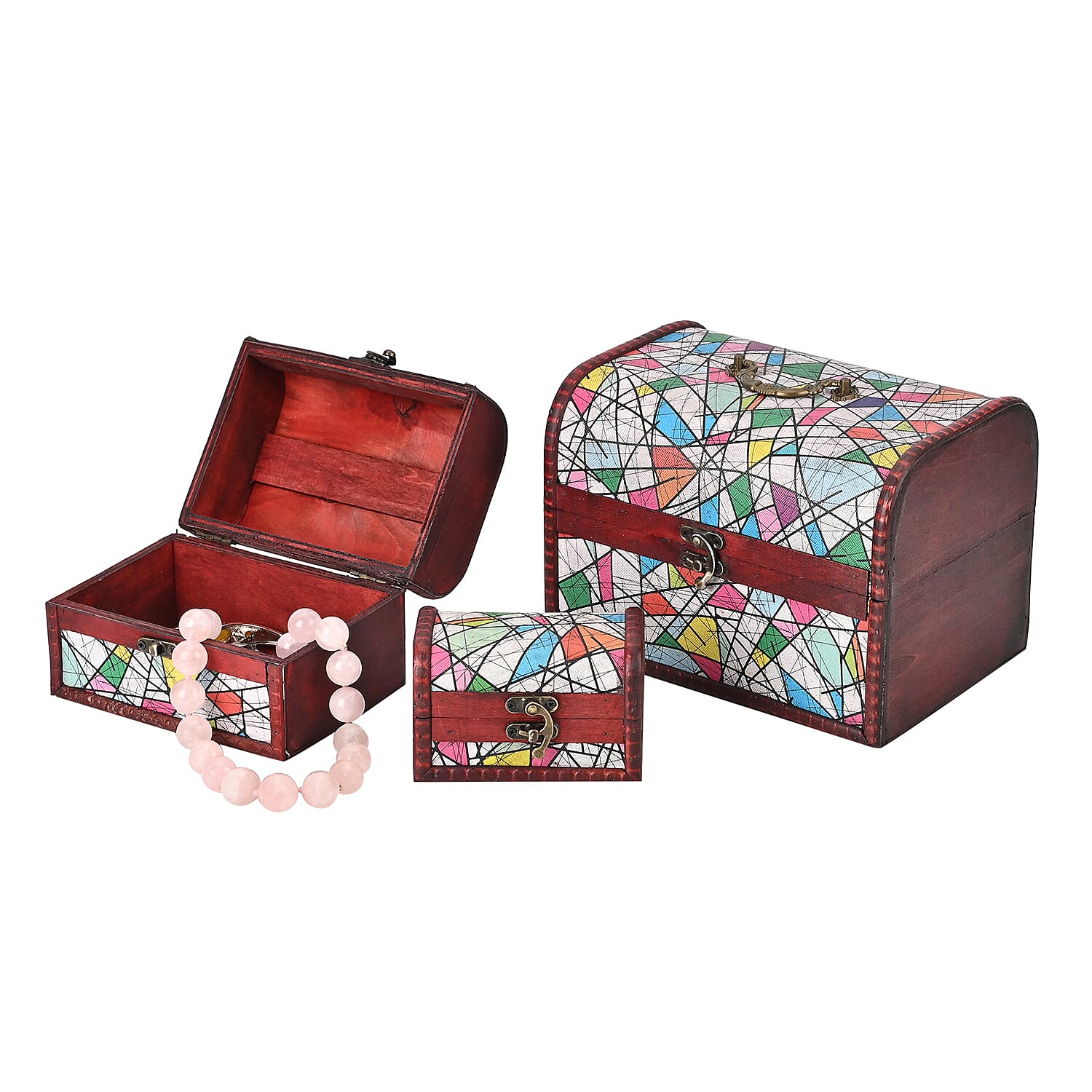 Set of 3 Geometric Pattern Wooden Chest Boxes - Multi
