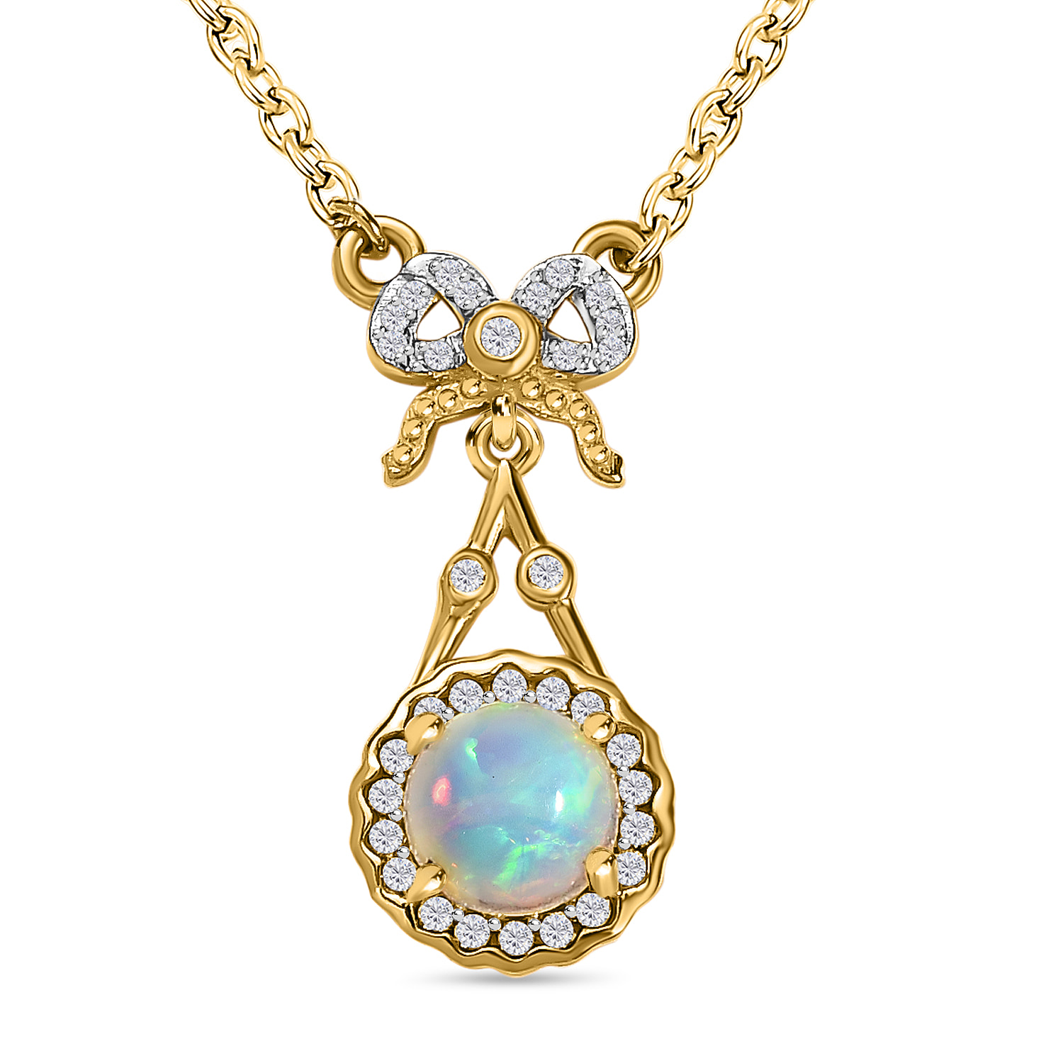Ethiopian Welo Opal & Natural Zircon Necklace (Size - 20) in 18K Yellow Gold Vermeil Plated Sterling Silver