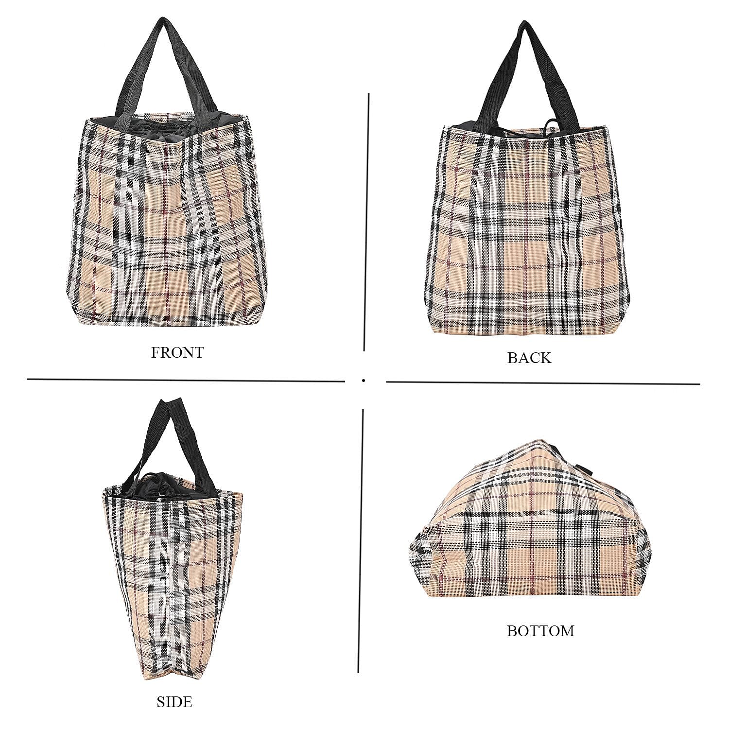 Set of 3 Check Pattern Travel Bag with Zipper & Handle Strap - Light Brown