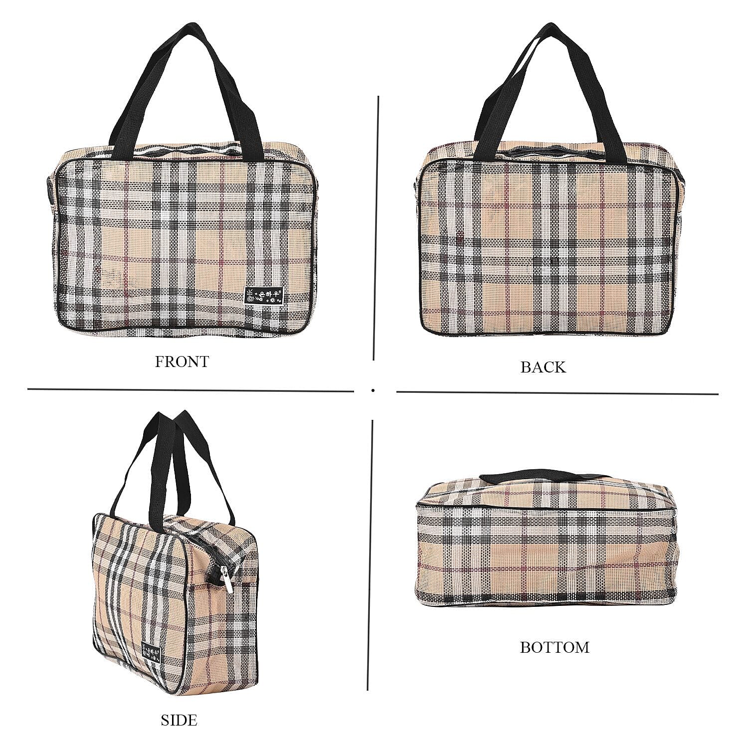 Set of 3 Check Pattern Travel Bag with Zipper & Handle Strap - Light Brown