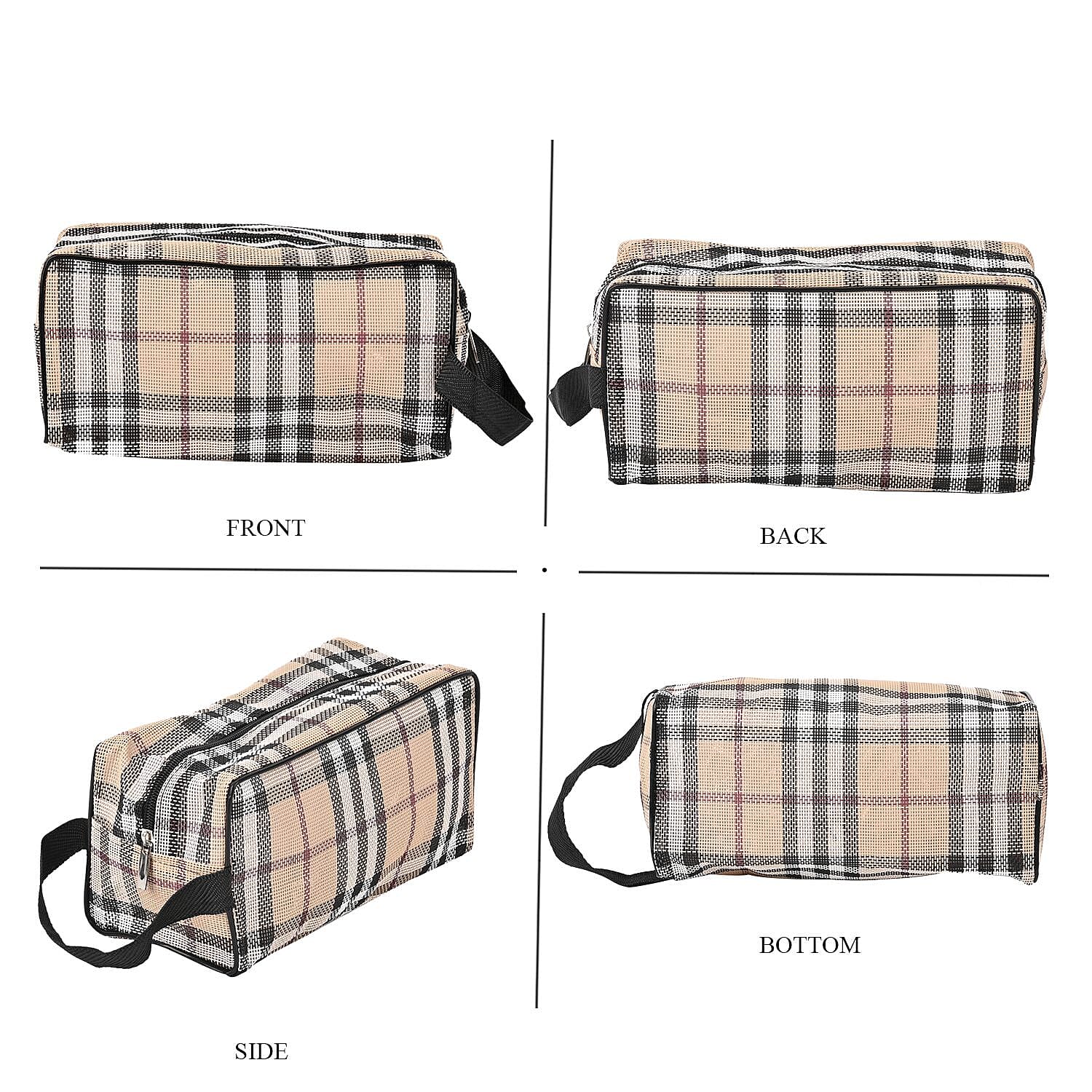 Set of 3 Check Pattern Travel Bag with Zipper & Handle Strap - Light Brown