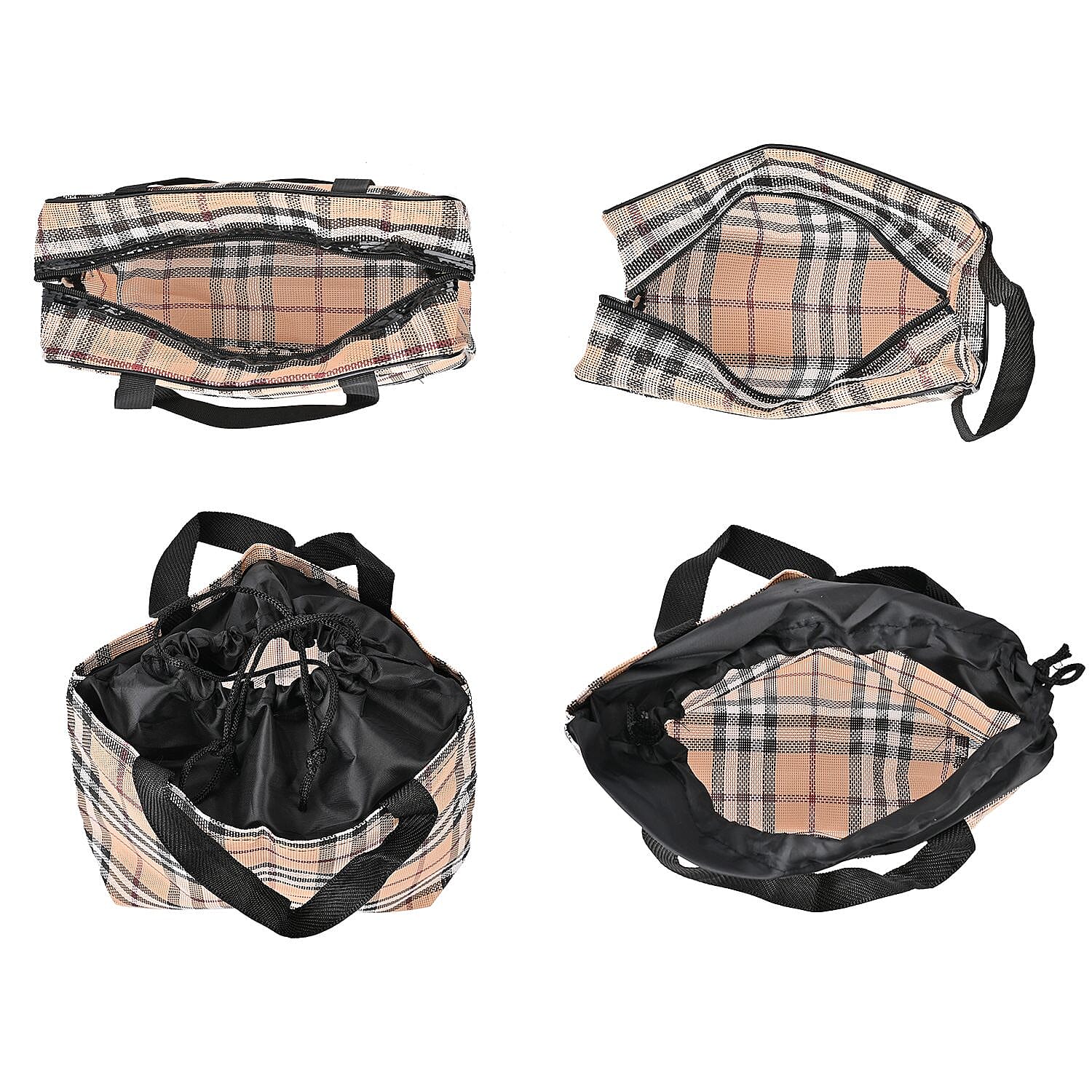 Set of 3 Check Pattern Travel Bag with Zipper & Handle Strap - Light Brown