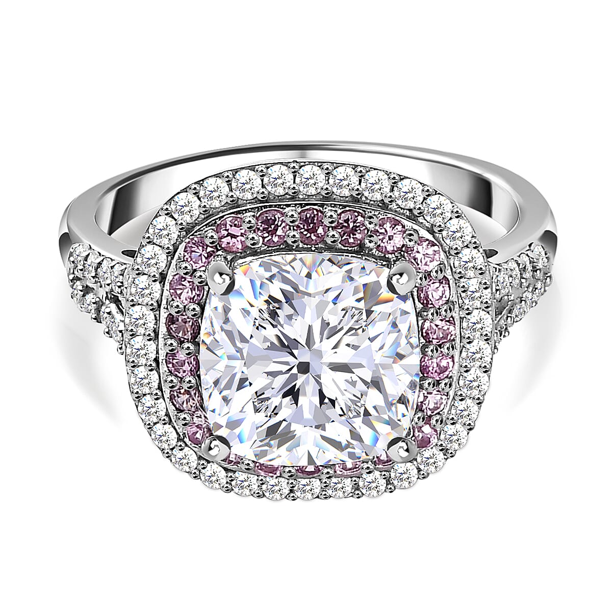 Moissanite & Pink Sapphire Ring in Platinum Overlay Sterling Silver 3.96 Ct.